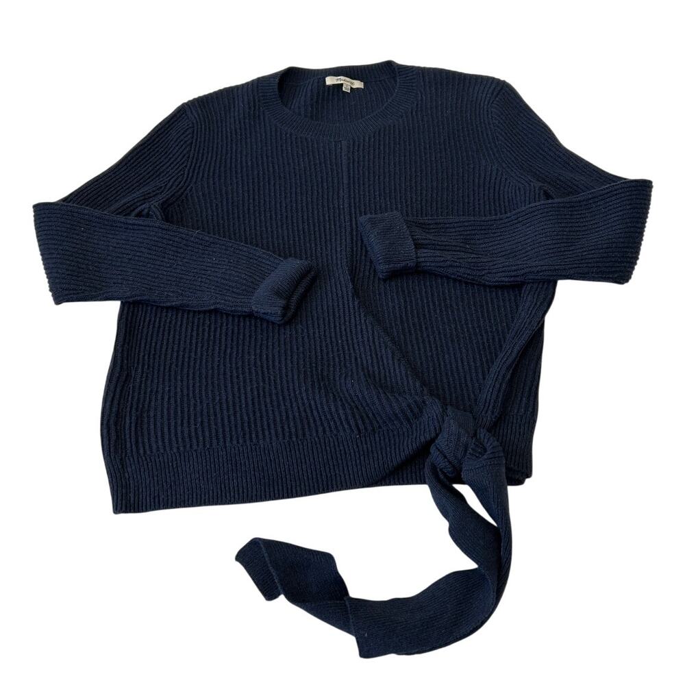 Madewell Women's Crewneck Sweater Sz S Blue Pullover Ribbed Ties at Waist Preppy